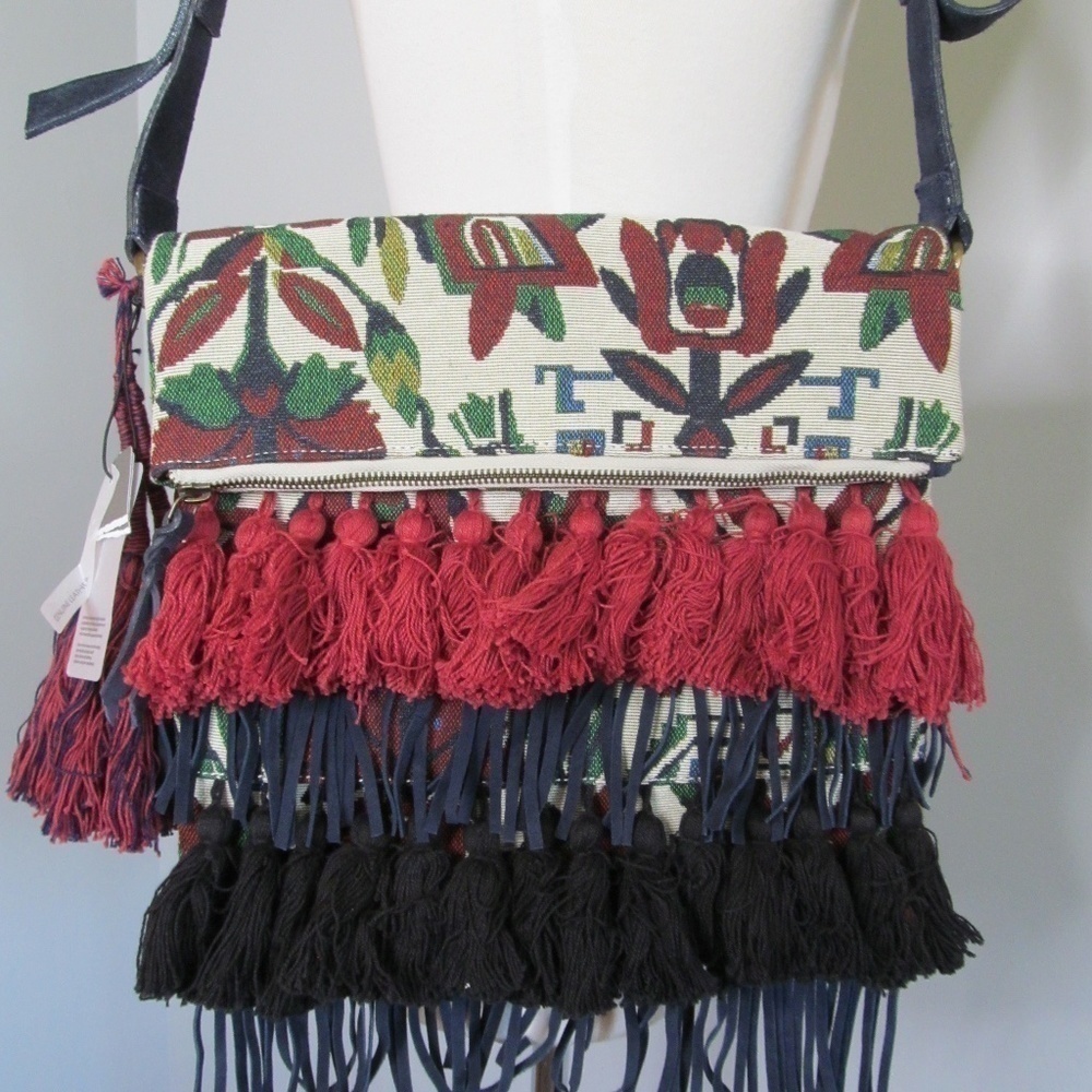 Fringe Floral Crossbody Shoulder Bag in Red, Black & Cream